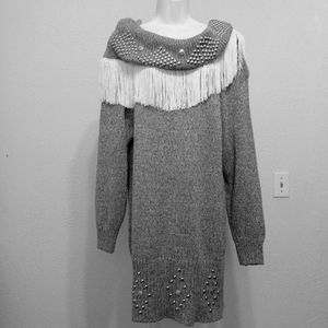 Simply Gray White Fringe Knit Sweater Top Dress S